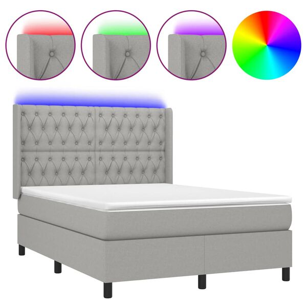 vidaXL Cama box spring c/ colch&atilde;o e LED 140x190 cm tecido cinza-claro
