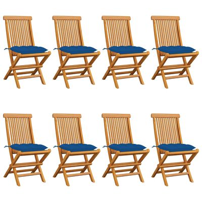 vidaXL Cadeiras de jardim c/ almofadões azuis 8 pcs teca maciça