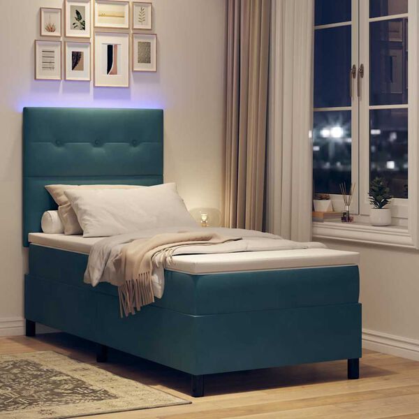 vidaXL Cama Box Spring LED com colch&atilde;o Azul Escuro 100 x 200 cm tecido