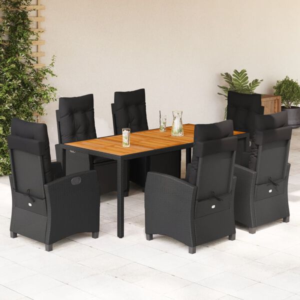 vidaXL 7 pcs conjunto de jantar p/ jardim c/ almofad&otilde;es vime PE preto