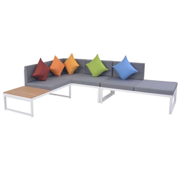 vidaXL 5 pcs conjunto lounge p/ jardim com almofadas alum&iacute;nio e WPC