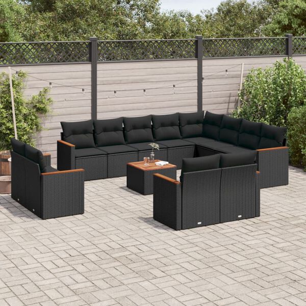 vidaXL 13 pcs conjunto de sof&aacute;s de jardim com almofad&otilde;es vime PE preto
