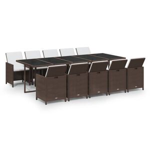 vidaXL 11 pcs conjunto jantar p/ jardim c/ almofad&otilde;es vime PE castanho