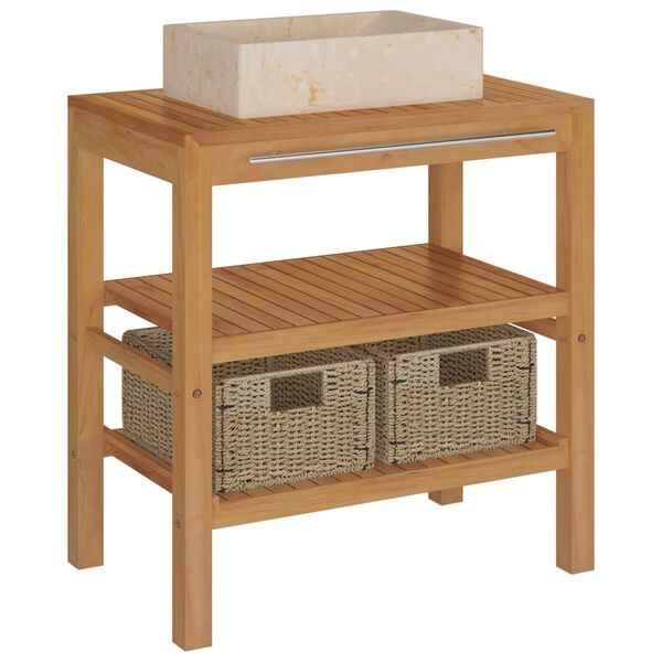 vidaXL Arm&aacute;rio casa de banho teca maci&ccedil;a + lavat&oacute;rio m&aacute;rmore cor creme