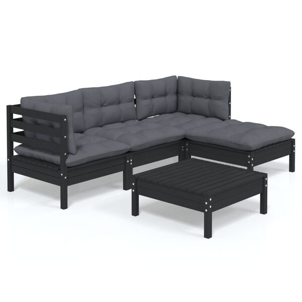 vidaXL 5 pcs conjunto lounge de jardim c/ almofadões pinho preto