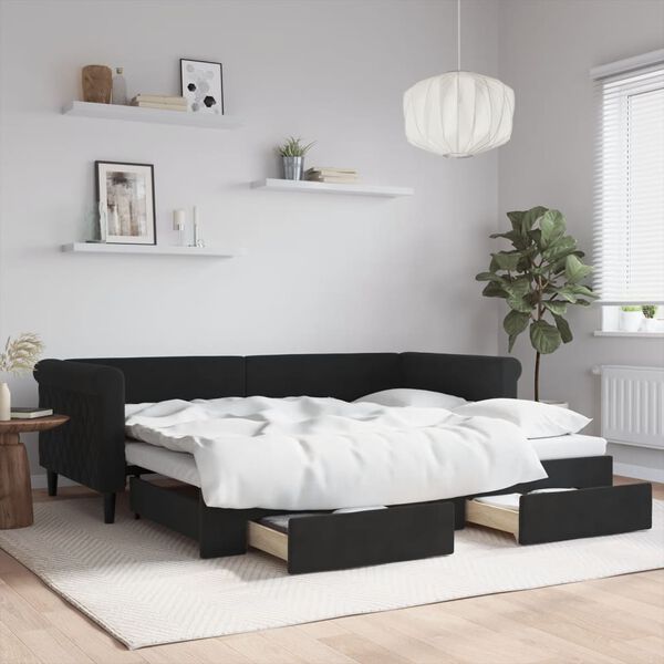vidaXL Sof&aacute;-cama com gavet&atilde;o e gavetas 90x200 cm veludo preto