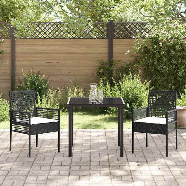 vidaXL Conjunto de Jantar para Jardim com almofada 3 pcs Preto vime PE