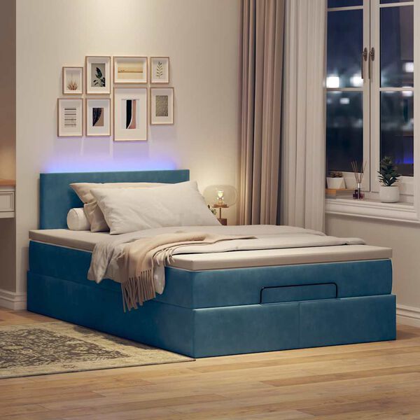 vidaXL Cama otomana com colch&atilde;o & LEDs 120x190cm veludo azul-escuro