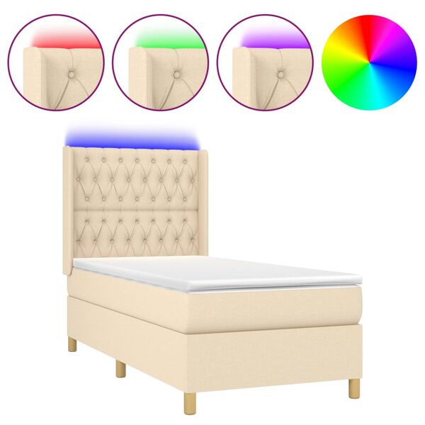 vidaXL Cama box spring c/ colch&atilde;o e LED 100x200 cm tecido cor creme