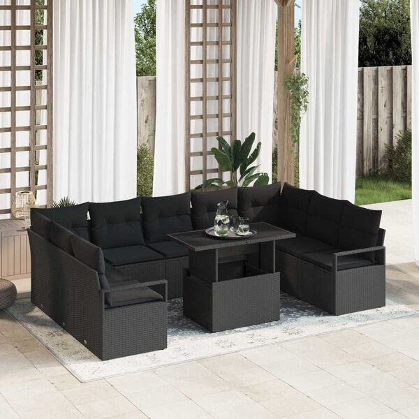 vidaXL Conjunto de Sof&aacute; de Jardim 10 pcs Preto Rattan Sint&eacute;tico