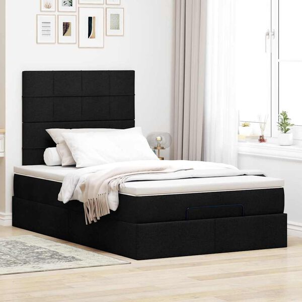 vidaXL Estrutura de cama otomana com colch&atilde;o preto 120x190 cm tecido