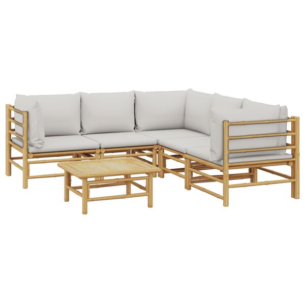vidaXL 6 pcs conj. lounge de jardim bambu c/ almofadões cinzento-claro