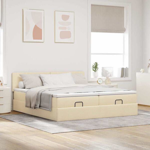 vidaXL Estrutura de cama otomana com colch&otilde;es tecido creme 200x200cm