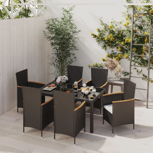 vidaXL 7 pcs conjunto jantar exterior com almofad&otilde;es vime PE preto