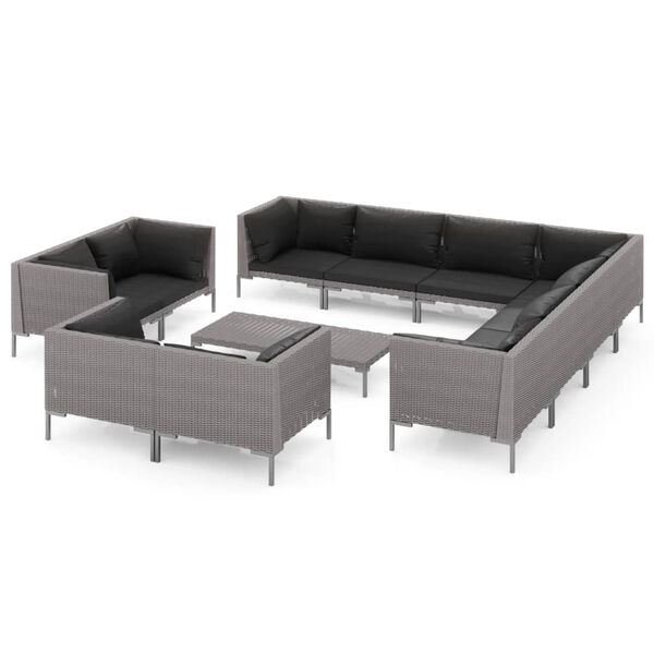 vidaXL 12 pcs conj. lounge jardim c/ almofad&otilde;es vime PE cinza-escuro