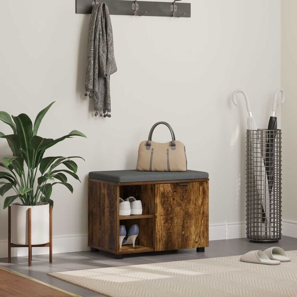 vidaXL Banco de Hall com almofada Carvalho Fumado 60 x 38 x 46 cm