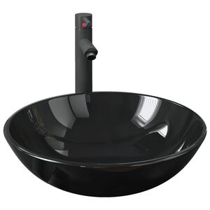 vidaXL Lavat&oacute;rio torneira v&aacute;lvula click-clack vidro temperado preto