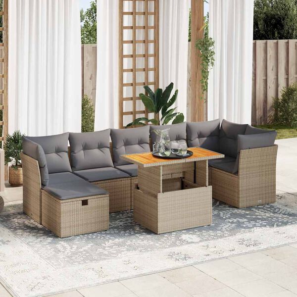 vidaXL 8 pcs conjunto sof&aacute;s jardim com almofad&otilde;es vime PE/ac&aacute;cia bege