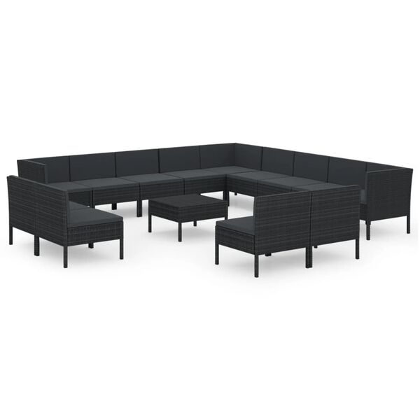 vidaXL 14 pcs conjunto lounge de jardim c/ almofad&otilde;es vime PE preto