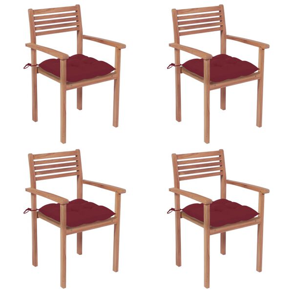 vidaXL Cadeiras de jardim c/ almofad&otilde;es vermelho tinto 4 pcs teca maci&ccedil;a