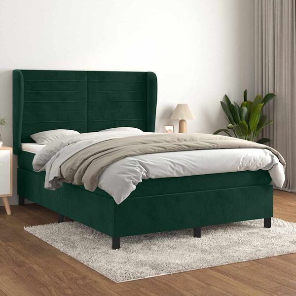 vidaXL Cama com molas/colch&atilde;o 140x190 cm veludo verde-escuro