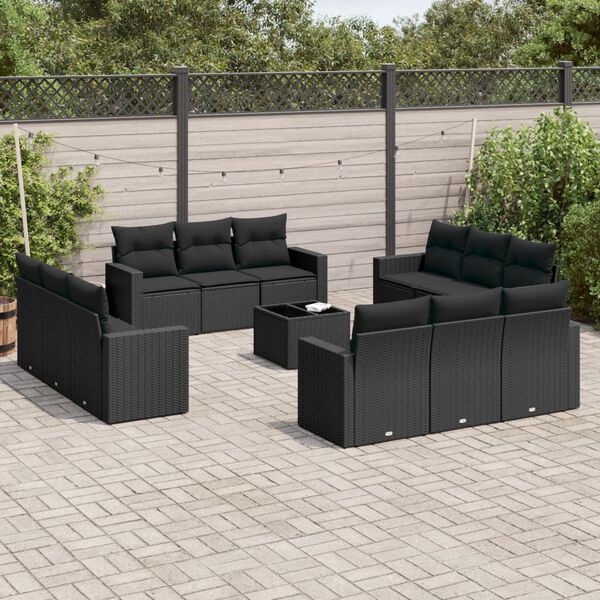 vidaXL 13 pcs conjunto de sof&aacute;s de jardim com almofad&otilde;es vime PE preto