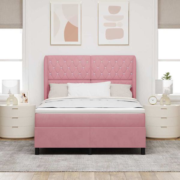 vidaXL Cama Box com colch&atilde;o com cabeceira Rosa 190 x 140 cm Veludo