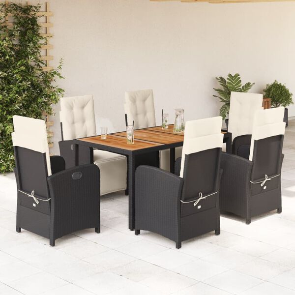 vidaXL 7 pcs conjunto de jantar p/ jardim c/ almofad&otilde;es vime PE preto