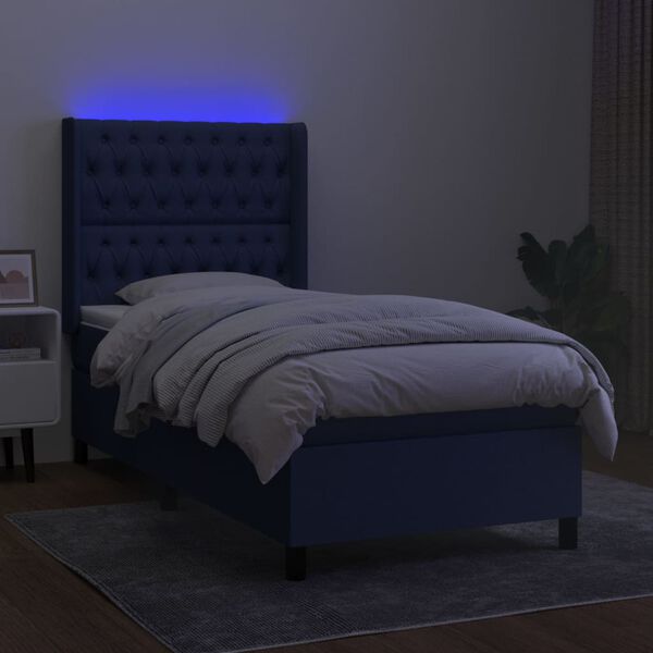 vidaXL Cama box spring c/ colch&atilde;o e LED 90x200 cm tecido azul