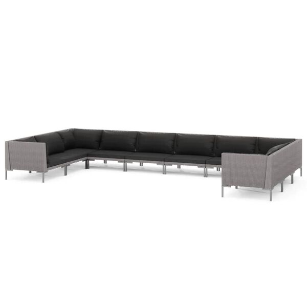 vidaXL 10pcs conj. lounge jardim c/ almofadões vime PE cinzento-escuro