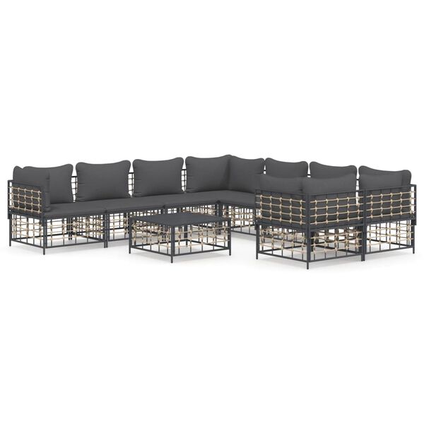 vidaXL 9 pcs conjunto lounge de jardim c/ almofadões vime PE antracite