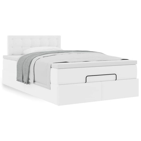 vidaXL Estrutura de cama otomana com colch&atilde;o branco couro falso