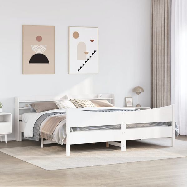 vidaXL Estrutura de cama com cabeceira 200x200 cm pinho maci&ccedil;o branco