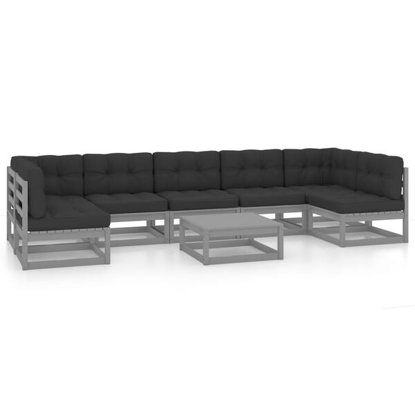 vidaXL 8 pcs conjunto lounge de jardim + almofad&otilde;es pinho maci&ccedil;o cinza