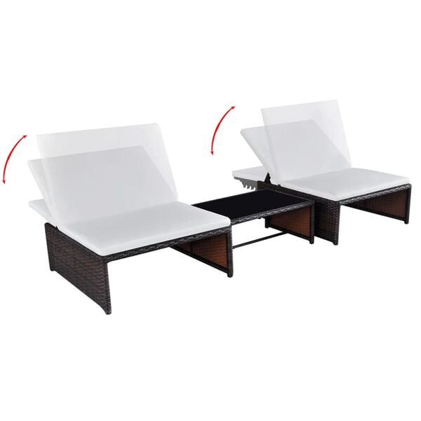 vidaXL Cadeiras jardim reclin&aacute;veis 2 pcs c/ mesa vime PE castanho
