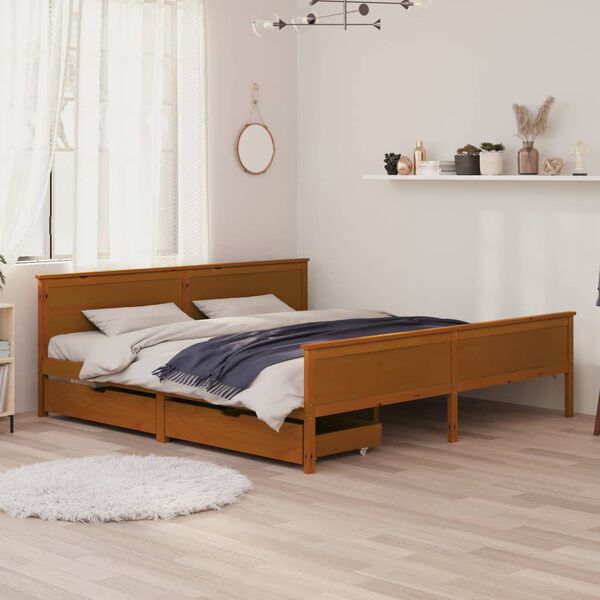 vidaXL Estrutura cama c/ 2 gavetas 180x200cm pinho maci&ccedil;o castanho mel