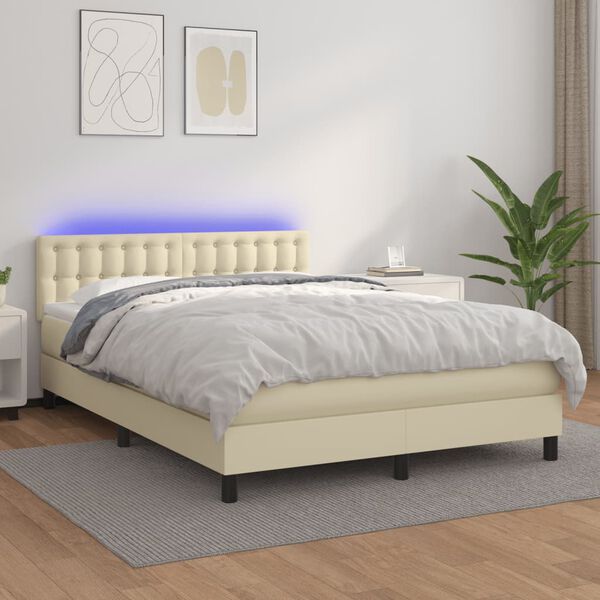 vidaXL Cama box spring c/ colch&atilde;o/LED 140x200cm couro artificial creme