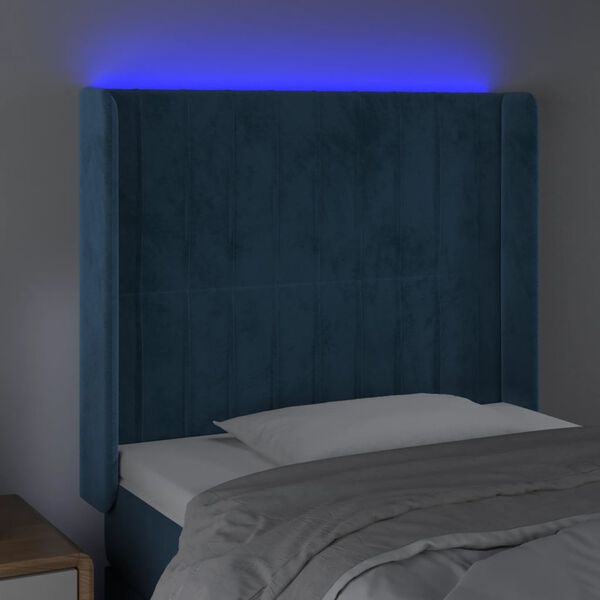 vidaXL Cabeceira cama c/ luzes LED veludo 93x16x118/128 cm azul-escuro