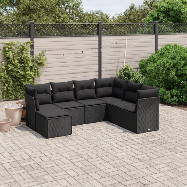 vidaXL 7 pcs conjunto de sof&aacute;s p/ jardim c/ almofad&otilde;es vime PE preto
