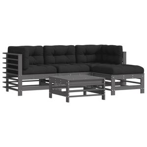 vidaXL 5pcs conjunto lounge jardim com almofad&otilde;es madeira maci&ccedil;a cinza