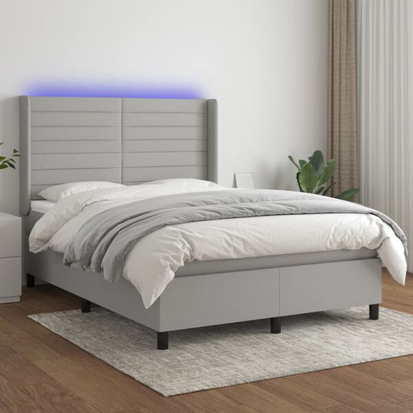 vidaXL Cama box spring c/ colch&atilde;o e LED 140x190 cm tecido cinza-claro