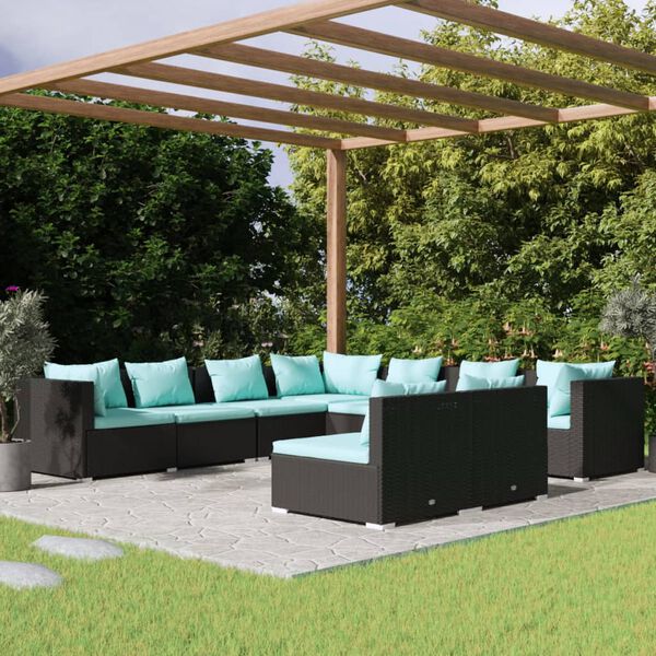 vidaXL 9 pcs conjunto lounge de jardim c/ almofad&otilde;es vime PE preto
