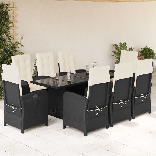 vidaXL 9 pcs conjunto de jantar p/ jardim c/ almofad&otilde;es vime PE preto