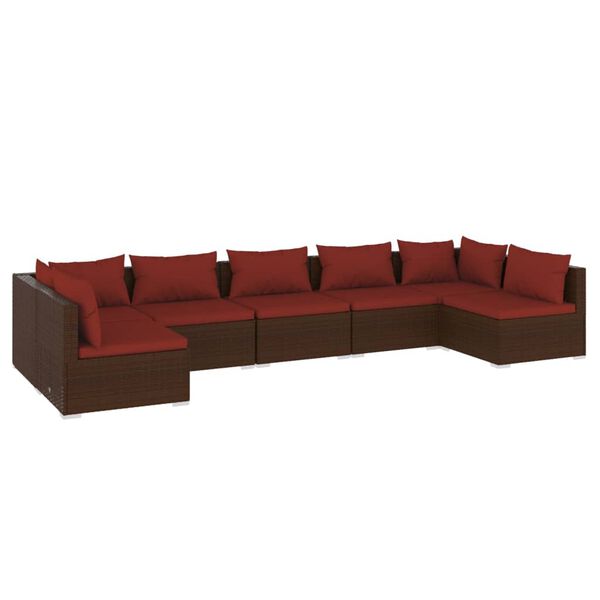 vidaXL 7 pcs conjunto lounge jardim c/ almofad&otilde;es vime PE castanho