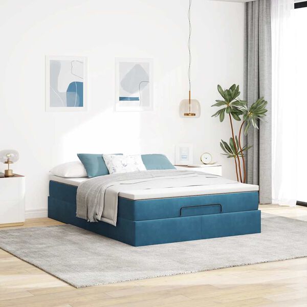vidaXL Estrutura de cama otomana com colch&atilde;o 140x200 cm azul escuro