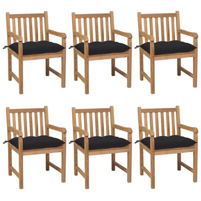 vidaXL Cadeiras de jardim c/ almofadões pretos 6 pcs teca maciça