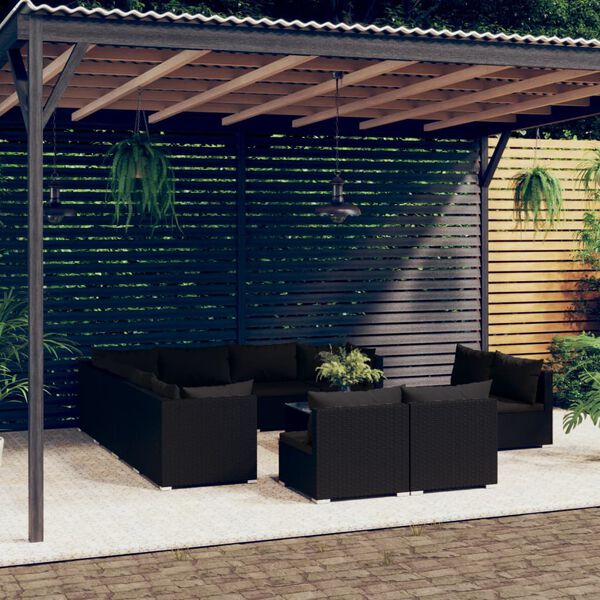vidaXL 12 pcs conjunto lounge de jardim c/ almofad&otilde;es vime PE preto
