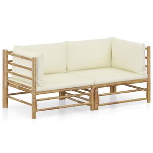 vidaXL 2 pcs conjunto lounge de jardim bambu c/ almofad&otilde;es branco nata