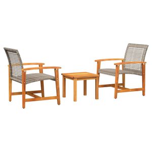 vidaXL 3 pcs conjunto de bistr&ocirc; vime PE e madeira de ac&aacute;cia cinzento