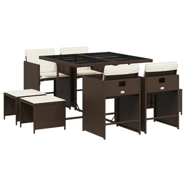 vidaXL 9 pcs conjunto jantar p/ jardim c/ almofad&otilde;es vime PE castanho